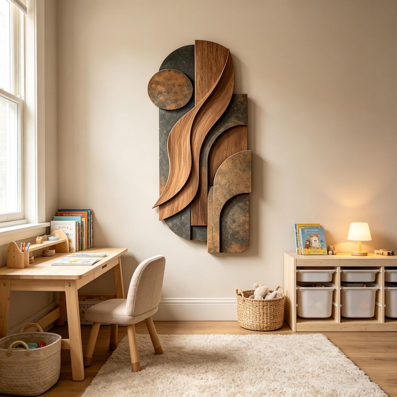 May include: A vertical wall art piece featuring layered wooden panels with a natural grain and dark, textured metallic-looking sections. The composition includes a circular element and curved, wave-like wooden forms mounted on a rectangular base.