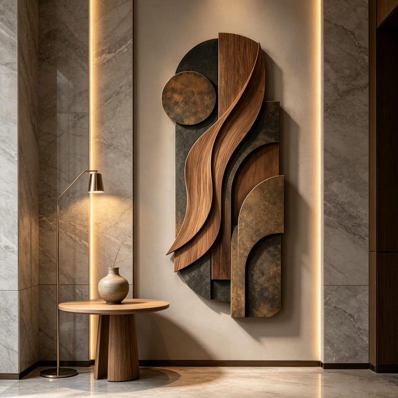May include: A vertical wall art piece featuring layered dark textured panels and smooth, curved wooden elements. Below, a round wooden table holds a small ceramic vase, accompanied by a slender metal floor lamp with a warm light.