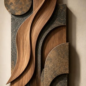 May include: A wall-mounted art piece featuring layered elements of smooth, light-brown wood with prominent grain patterns and dark, textured, charcoal-coloured panels. The composition includes curved wooden forms and circular shapes.