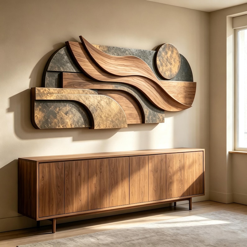 May include: A large wall-mounted art piece featuring layered, curved wooden panels with a natural grain, contrasted against dark, textured metallic sections and a circular gold-toned disc. Below sits a long, rectangular wooden sideboard cabinet.