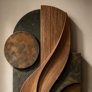 May include: A wall-mounted decorative panel featuring a combination of dark grey textured stone and smooth brown wood. The composition includes a circular stone element, a vertical wooden plank, and a curved wooden piece with a natural grain.