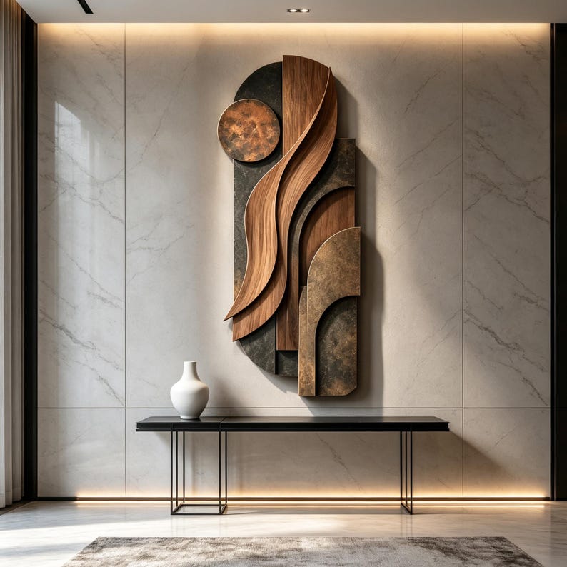 May include: A vertical wall sculpture featuring layered wood panels with wavy grain patterns, a circular copper-toned disc, and dark textured rectangular elements. Below the sculpture sits a white ceramic vase on a slim black metal console table.