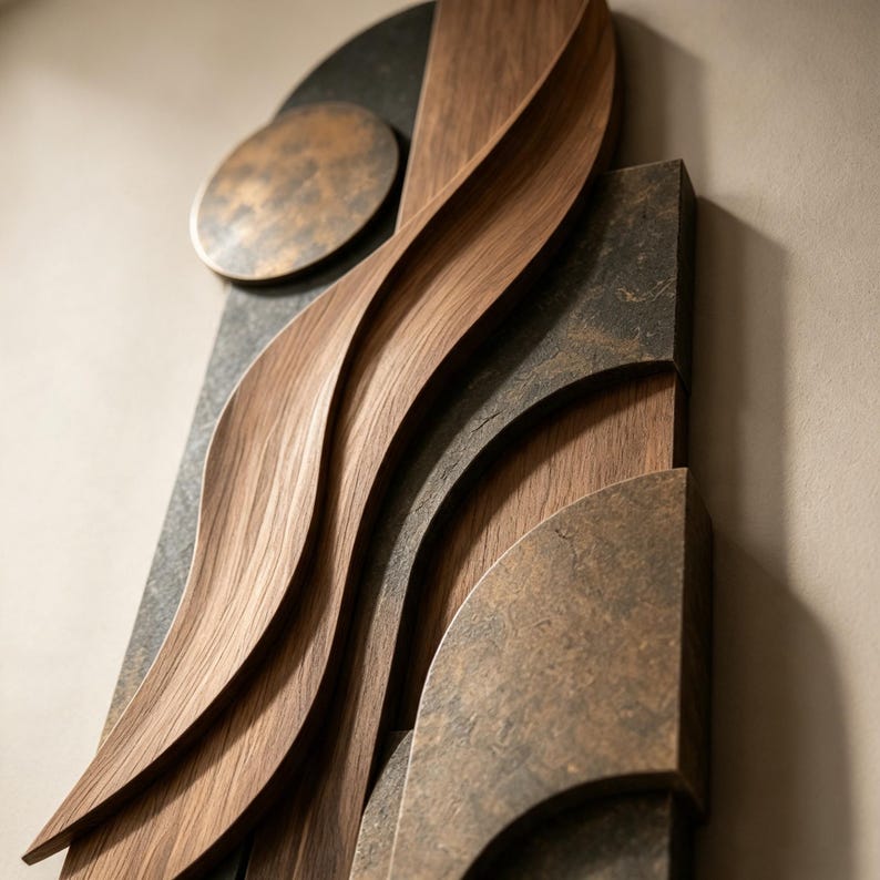 May include: A wall art piece featuring layered dark grey textured panels and smooth, curved light brown wood elements. A circular metallic bronze disc is positioned at the top left, contrasting with the vertical, flowing wooden waves.