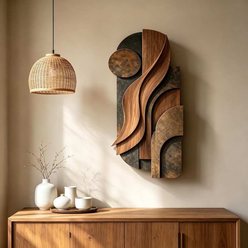 May include: A wall-mounted sculpture featuring layered dark textured panels and smooth, curved light wood elements. The piece has an elongated vertical shape with a circular top section and overlapping wave-like wooden forms that create depth.