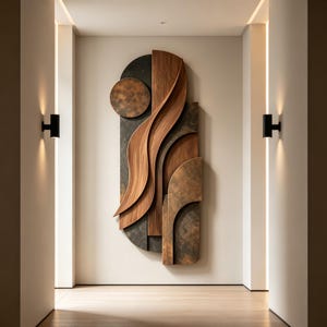 May include: A vertical wall sculpture featuring layered wooden panels with curved, flowing grain patterns alongside dark, textured metallic-looking elements. The composition includes a circular disc and overlapping geometric shapes in brown and charcoal.