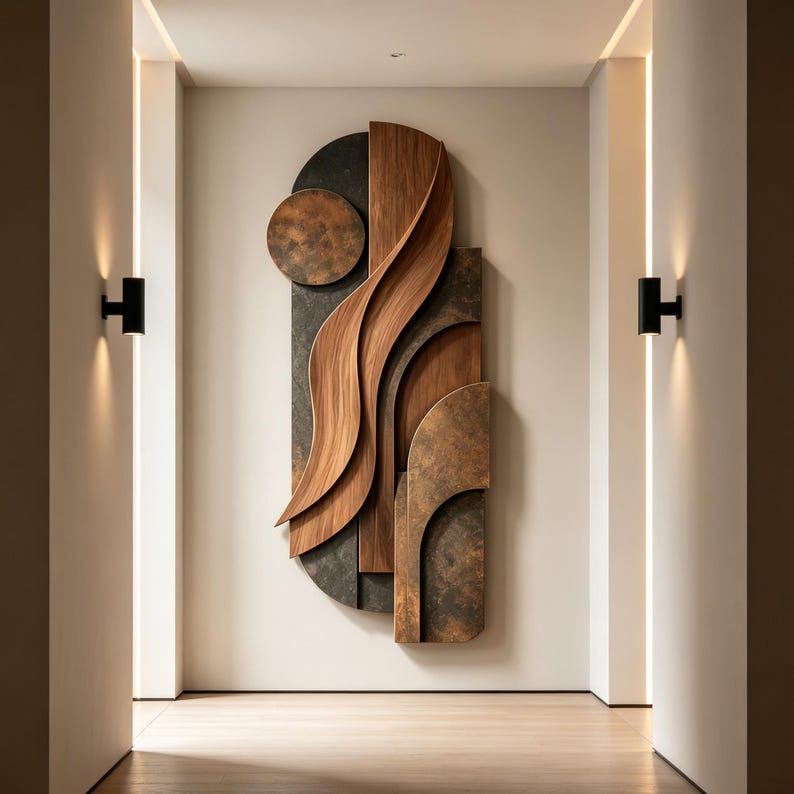 May include: A vertical wall sculpture featuring layered wooden panels with curved, flowing grain patterns alongside dark, textured metallic-looking elements. The composition includes a circular disc and overlapping geometric shapes in brown and charcoal.