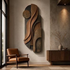 May include: A vertical wall sculpture featuring layered wooden panels with curved, flowing shapes and dark, textured metallic-toned surfaces. The artwork combines smooth, light-toned wood grain with deep, matte charcoal and bronze-coloured geometric elements.