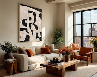 Handmade Abstract Oil Painting, Black Beige Geometric Canvas Art