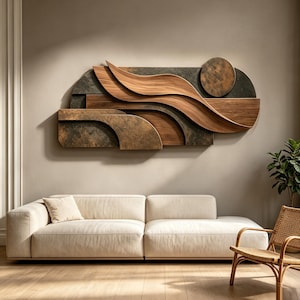 May include: A large, horizontal wall art piece featuring layered, abstract shapes. It combines smooth, light-brown wood grain curves with dark, textured, metallic-looking panels and a circular element, creating a multi-dimensional, layered composition.