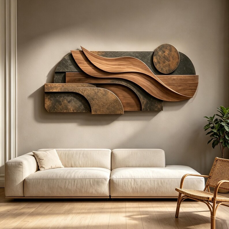May include: A large, horizontal wall art piece featuring layered, abstract shapes. It combines smooth, light-brown wood grain curves with dark, textured, metallic-looking panels and a circular element, creating a multi-dimensional, layered composition.