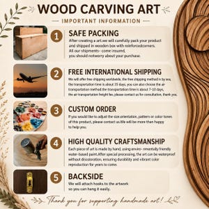 May include: An informational graphic titled WOOD CARVING ART featuring five numbered sections. It displays a wooden crate, an airplane silhouette, a paint palette, a spray gun applying paint to wood, and a gold-coloured metal wall mounting hook.