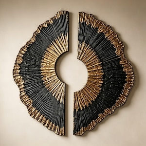 May include: A two-piece wall art set featuring semi-circular panels with a textured, radial sunburst pattern. The design alternates between deep black and metallic gold finishes, with jagged, irregular edges that create a circular negative space.