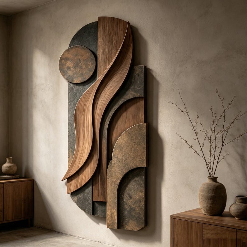 May include: A large wall-mounted art piece featuring layered dark grey textured panels and smooth, curved light brown wood elements. The composition includes a circular disc, vertical planks, and sweeping wave-like shapes that create depth.