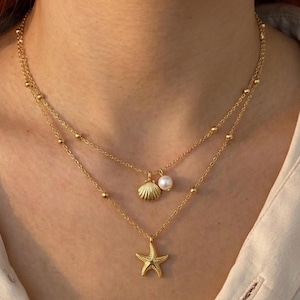 Gold Starfish Shell Layered Necklace Pearl Beach Jewelry