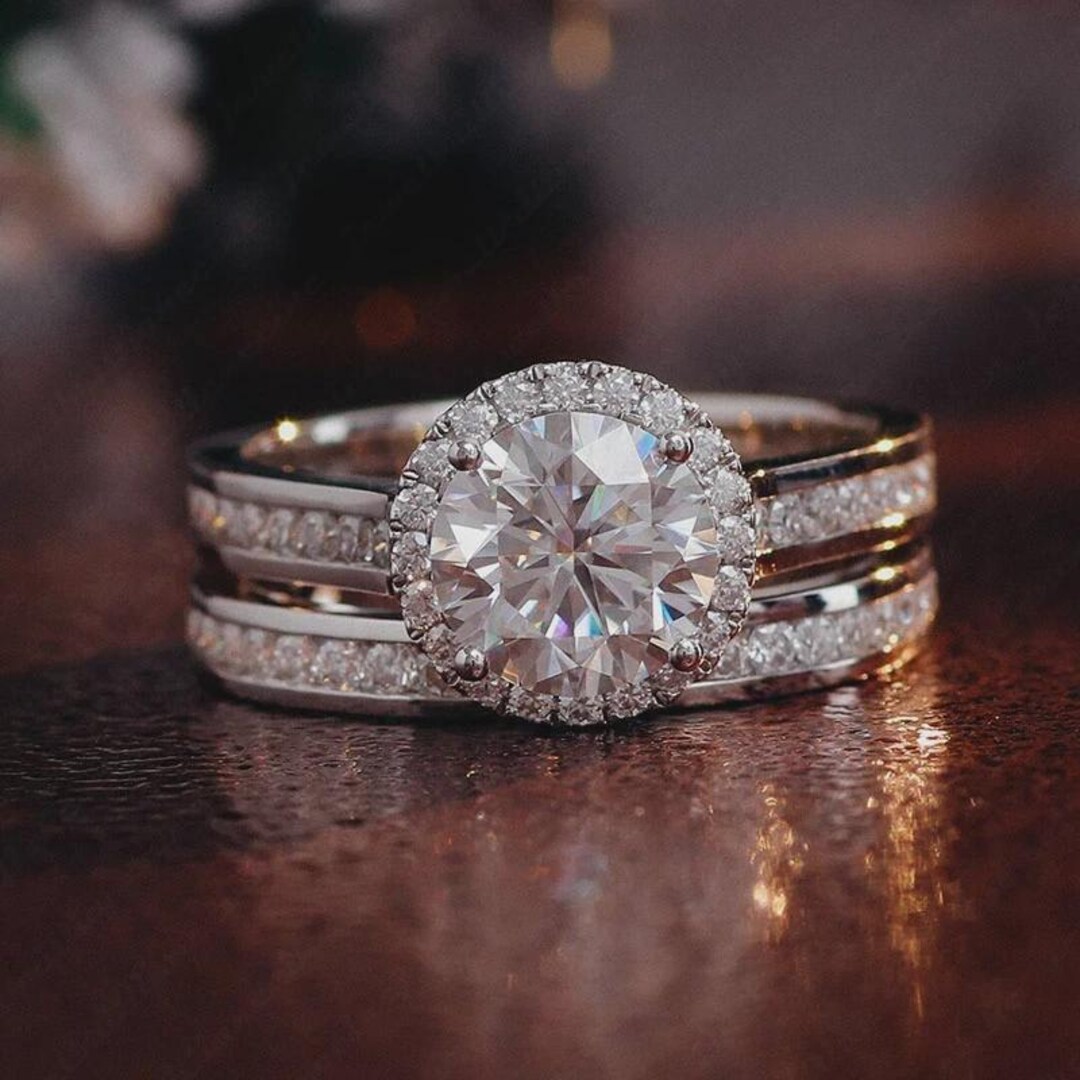 3.74ctw Round Cut Moissanite Bridal Set Engagement Ring in 925 White ...