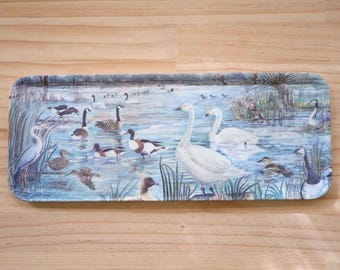 Bandeja de servir de melamina con diseño de pájaros vintage, Melamaster Inglaterra, cisnes, patos, gansos, estilo rústico de abuela.