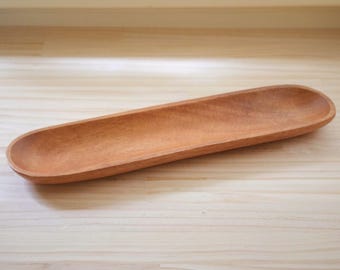 Vintage Wooden Canoe Tray, Hand Carved Monkey Pod Wood Baguette Bowl, Mid Century Decor