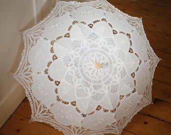 Vintage Crochet Parasol, Cotton Hand Embroidered Umbrella, Victorian Gothic Wedding Decor