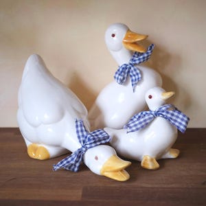 Set of 3 Vintage Ceramic Blue Ribbon Geese Figurines, 90s Cottage Grandmacore Decor