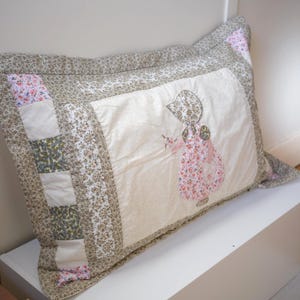 Vintage Holly Hobbie Patchwork Pillowcase, Handmade Quilted Pillow Case, 90s Country Grandmacore Linen