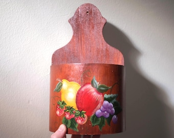 Vintage Hand Painted Still Life Utensil Holder, Wooden Folk Art Wall Decor, Country Kitchen