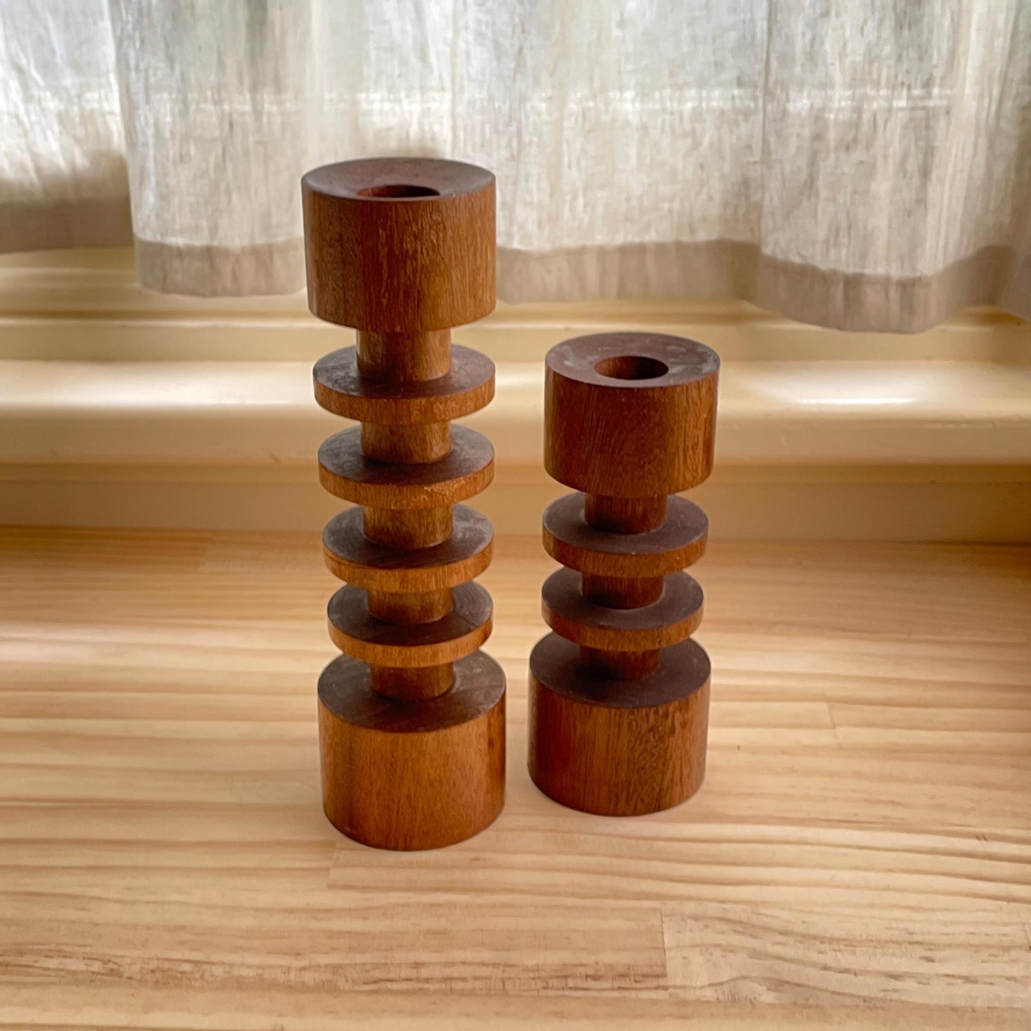 Set of 2 Vintage Wooden Candle Holders, 1970s Teak Wood Candlesticks ...