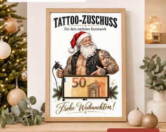 Julklapp för tatueringsfantaster | Julkort för tatueringsbidrag | Utskrivbar penninghållare i PDF-format