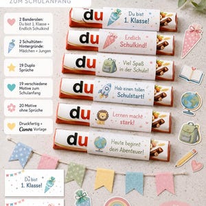 May include: Six chocolate bars wrapped in white paper bands featuring colorful illustrations of school supplies, animals, and German text including Du bist 1. Klasse, Endlich Schulkind, Viel Spa&szlig; in der Schule, Hab einen tollen Schulstart, Lernen macht stark, and Heute beginnt dein Abenteuer.