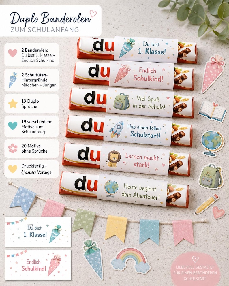 May include: Six chocolate bars wrapped in white paper bands featuring colorful illustrations of school supplies, animals, and German text including Du bist 1. Klasse, Endlich Schulkind, Viel Spa&szlig; in der Schule, Hab einen tollen Schulstart, Lernen macht stark, and Heute beginnt dein Abenteuer.