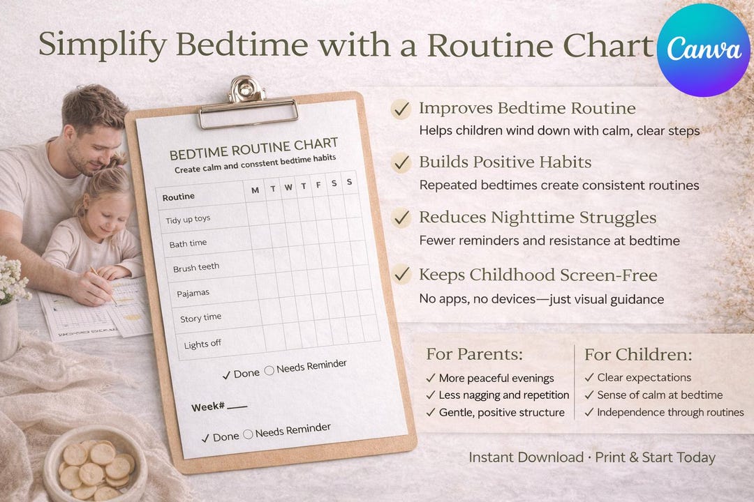 Kids Bedtime Routine Chart | Ages 3-7, Calm Bedtime (printable PDF ...