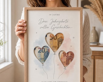 Pengapresent till 30-årsdag i PDF-format – Hjärtballonger – Originalpresent till 30-årsdag – Direkt nedladdning för utskrift