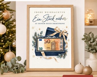 Smartphone-pengarpresent till jul - Ett steg närmare, kreativ presentkortsmall som PDF och PNG A3 A4 A5