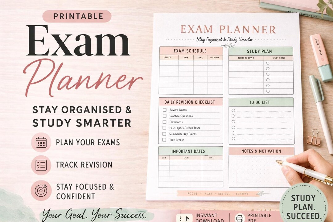 Exam Planner Printable PDF | Study Planner for Students | Revision ...