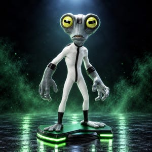 Könnte beinhalten: Eine graue Alien-Figur mit großen gelben Augen und strukturiertem Kopf, bekleidet mit einem weißen Anzug mit schwarzem vertikalen Streifen, schwarzen Arm- und Beinmanschetten, auf einem schwarzen Sockel mit grünen Lichtakzenten.