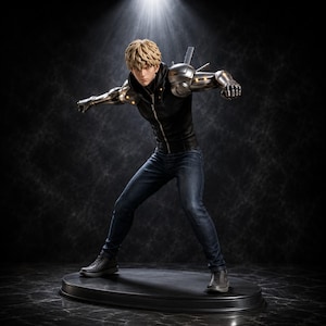 May include: A collectible anime-style figure of a character with blonde hair, wearing a black zip-up jacket and dark blue jeans. The figure features metallic silver robotic arms with glowing yellow accents, posed in a dynamic stance on a black base.