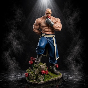 May include: A muscular, bald male figurine with a gold forehead emblem, wearing a metallic gauntlet on one hand and blue trousers with a white belt. The figure stands on a mossy rock base decorated with red roses, holding a red rose to its chin.