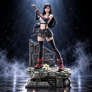 May include: A collectible figurine of a female character with long black hair, wearing a white crop top, black pleated skirt, black thigh-high stockings, and red boots with black straps. The figure stands on a stone base with a white lily.