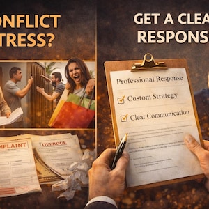 May include: Image with the text "CONFLICT STRESS?" and "GET A CLEAR RESPONSE." The image shows a man holding a clipboard with "Professional Response" and checkmarks next to "Custom Strategy" and "Clear Communication."