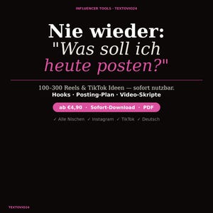 Reels & TikTok Ideas Guide (German) | 100 Content Ideas, 30 Viral Hooks, Posting Plan for Creators | Instant Download PDF