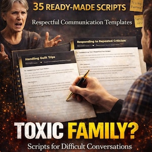 Könnte beinhalten: Bild eines Buches mit dem Titel "TOXIC FAMILY?" und dem Text "Scripts for Difficult Conversations." Das Bild enthält auch den Text "SET BOUNDARIES WITH FAMILY" und "35 READY-MADE SCRIPTS."