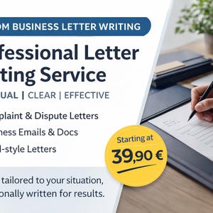 May include: An advertisement for a professional letter writing service. The image features text that reads "Custom Business Letter Writing" and "Professional Letter Writing Service." The service offers complaint letters, business emails, and legal-style letters.