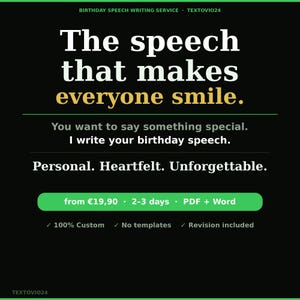 Könnte beinhalten: Digitale Werbung für einen Geburtstag-Redaktionsservice. Der Text lautet "Die Rede, die alle zum Lächeln bringt." Zusätzlicher Text enthält "Persönlich. Herzlich. Unvergesslich." und "Ich schreibe Ihre Geburtstagsrede."