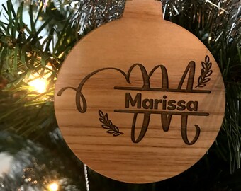 Personalized Christmas Family Name Monogram Ornament, Gift Custom Personalized Wood Engraved Xmas Ornament