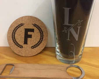 Personalized Pint glass bottle opener coaster bundle - personalized gift set