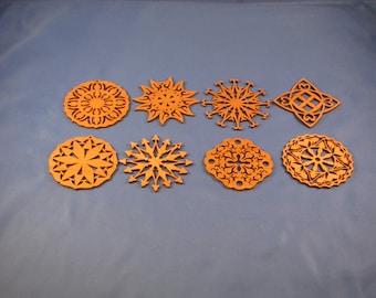 Christmas Ornaments - Wooden  snowflakes and starburst - set of 8