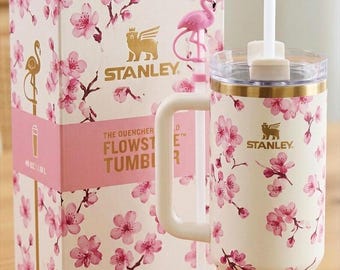 40oz Cherry Blossom Tumbler with Handle, Pink Sakura Travel Mug, Insulated Drinkware