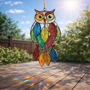Acrylic Owl Wind Chime, Colorful Sun Catcher, Handmade Hanging Ornament, Boho Yard Art
