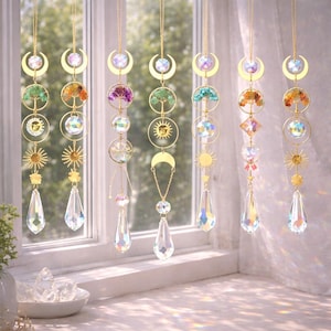 Atrapasueños de cristal para ventana, decoración del árbol de la vida con el sol y la luna, adorno prismático para crear arcoíris