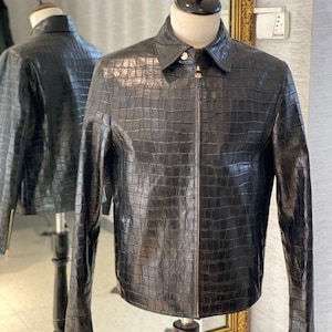 Herren Luxus Krokodil Lammfell Lederjacke | Handgemachte klassische Jacke im Biker-Stil | Geschenk für Ihn