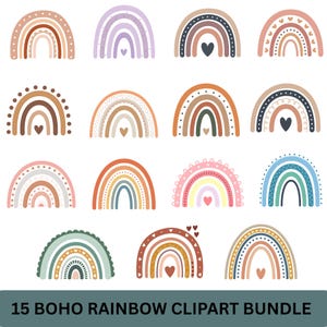 Op de afbeelding: Een verzameling van 15 boho regenboog clipart ontwerpen in verschillende kleuren, waaronder bruin, oranje, roze en blauw. Elke regenboog heeft een hart- of stipontwerp. De tekst "15 BOHO RAINBOW CLIPART BUNDLE" staat onderaan.